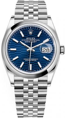 replica Rolex Datejust 36mm Stainless Steel Midsize Watch 126200 Bright Blue Fluted Jubilee