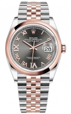 replica Rolex Datejust 36mm Stainless Steel and Rose Gold Ladies Watch 126201 Dark Rhodium VI IX Roman Jubilee