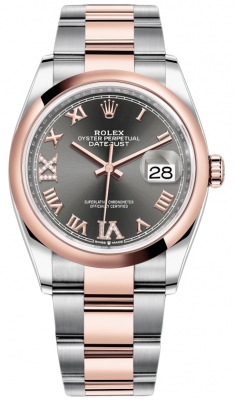 replica Rolex Datejust 36mm Stainless Steel and Rose Gold Ladies Watch 126201 Dark Rhodium VI IX Roman Oyster