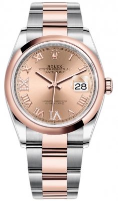 replica Rolex Datejust 36mm Stainless Steel and Rose Gold Ladies Watch 126201 Rose VI IX Roman Oyster
