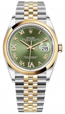 replica Rolex Datejust 36mm Stainless Steel and Yellow Gold Ladies Watch 126203 Olive Green VI IX Roman Jubilee