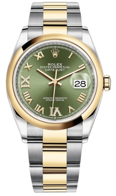 replica Rolex Datejust 36mm Stainless Steel and Yellow Gold Ladies Watch 126203 Olive Green VI IX Roman Oyster