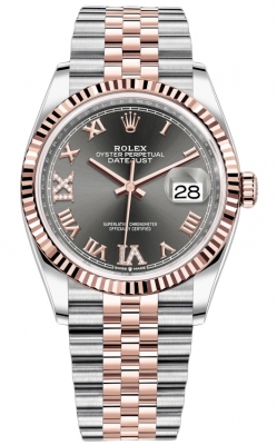 replica Rolex Datejust 36mm Stainless Steel and Rose Gold Ladies Watch 126231 Dark Rhodium VI IX Roman Jubilee