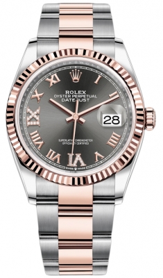 replica Rolex Datejust 36mm Stainless Steel and Rose Gold Ladies Watch 126231 Dark Rhodium VI IX Roman Oyster