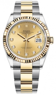 replica Rolex Datejust 36mm Stainless Steel and Yellow Gold Ladies Watch 126233 Champagne Diamond Oyster