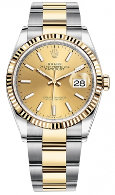 replica Rolex Datejust 36mm Stainless Steel and Yellow Gold Ladies Watch 126233 Champagne Index Oyster