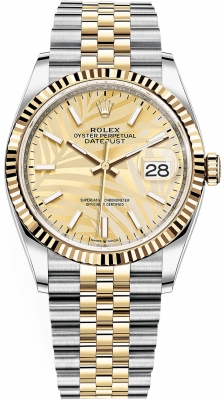 replica Rolex Datejust 36mm Stainless Steel and Yellow Gold Ladies Watch 126233 Golden Palm Jubilee