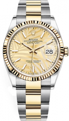 replica Rolex Datejust 36mm Stainless Steel and Yellow Gold Ladies Watch 126233 Golden Palm Oyster