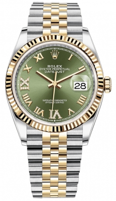 replica Rolex Datejust 36mm Stainless Steel and Yellow Gold Ladies Watch 126233 Olive Green VI IX Roman Jubilee