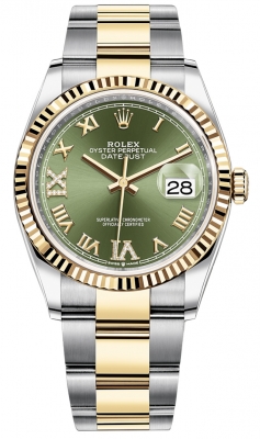 replica Rolex Datejust 36mm Stainless Steel and Yellow Gold Ladies Watch 126233 Olive Green VI IX Roman Oyster