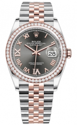 replica Rolex Datejust 36mm Stainless Steel and Rose Gold Ladies Watch 126281RBR Dark Rhodium VI IX Roman Jubilee