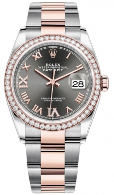 replica Rolex Datejust 36mm Stainless Steel and Rose Gold Ladies Watch 126281RBR Dark Rhodium VI IX Roman Oyster