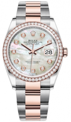 replica Rolex Datejust 36mm Stainless Steel and Rose Gold Ladies Watch 126281RBR MOP Diamond Oyster