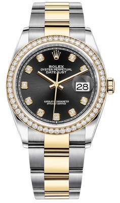 replica Rolex Datejust 36mm Stainless Steel and Yellow Gold Ladies Watch 126283RBR Black Diamond Oyster