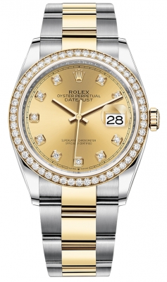 replica Rolex Datejust 36mm Stainless Steel and Yellow Gold Ladies Watch 126283RBR Champagne Diamond Oyster