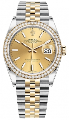 replica Rolex Datejust 36mm Stainless Steel and Yellow Gold Ladies Watch 126283RBR Champagne Index Jubilee