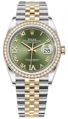 replica Rolex Datejust 36mm Stainless Steel and Yellow Gold Ladies Watch 126283RBR Olive Green VI IX Roman Jubilee