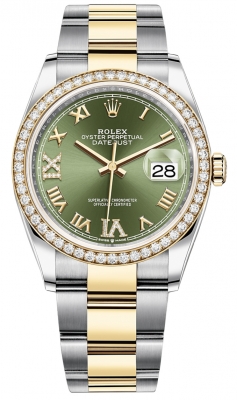 replica Rolex Datejust 36mm Stainless Steel and Yellow Gold Ladies Watch 126283RBR Olive Green VI IX Roman Oyster