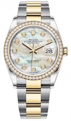 replica Rolex Datejust 36mm Stainless Steel and Yellow Gold Ladies Watch 126283RBR MOP Diamond Oyster