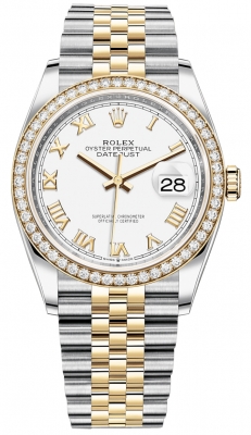 replica Rolex Datejust 36mm Stainless Steel and Yellow Gold Ladies Watch 126283RBR White Roman Jubilee