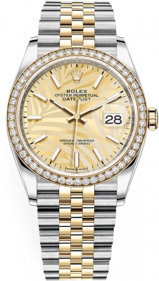 replica Rolex Datejust 36mm Stainless Steel and Yellow Gold Ladies Watch 126283rbr Golden Palm Jubilee