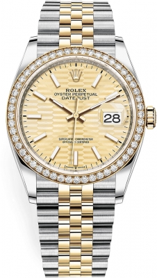 replica Rolex Datejust 36mm Stainless Steel and Yellow Gold Ladies Watch 126283rbr Golden Fluted Jubilee