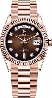 replica Rolex Day-Date 36mm Everose Gold Midsize Watch 128235 Brown Graduated Diamond