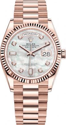 replica Rolex Day-Date 36mm Everose Gold Midsize Watch 128235 MOP Diamond