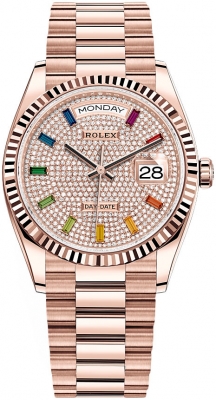 replica Rolex Day-Date 36mm Everose Gold Midsize Watch 128235 Pave Rainbow