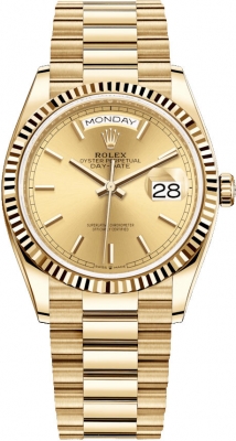 replica Rolex Day-Date 36mm Yellow Gold Midsize Watch 128238 Champagne Index