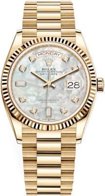 replica Rolex Day-Date 36mm Yellow Gold Midsize Watch 128238 MOP Diamond
