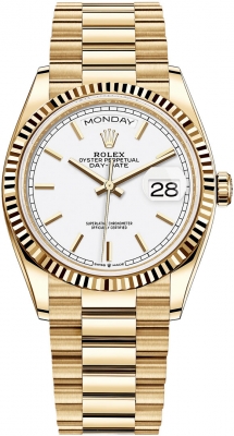 replica Rolex Day-Date 36mm Yellow Gold Midsize Watch 128238 White Index