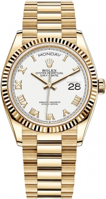 replica Rolex Day-Date 36mm Yellow Gold Midsize Watch 128238 White Roman