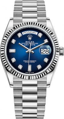 replica Rolex Day-Date 36mm White Gold Midsize Watch 128239 Blue Graduated Diamond