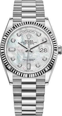 replica Rolex Day-Date 36mm White Gold Midsize Watch 128239 MOP Diamond