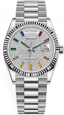 replica Rolex Day-Date 36mm White Gold Midsize Watch 128239 Pave Rainbow