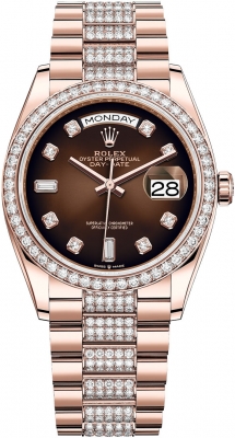replica Rolex Day-Date 36mm Everose Gold Midsize Watch 128345RBR Brown Graduated Diamond DB