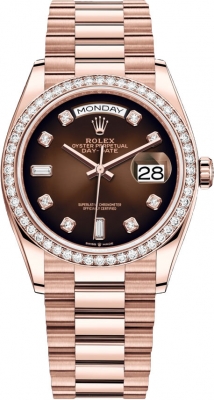 replica Rolex Day-Date 36mm Everose Gold Midsize Watch 128345RBR Brown Graduated Diamond