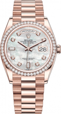 replica Rolex Day-Date 36mm Everose Gold Midsize Watch 128345RBR MOP Diamond