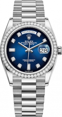 replica Rolex Day-Date 36mm White Gold Midsize Watch 128349RBR Blue Graduated Diamond