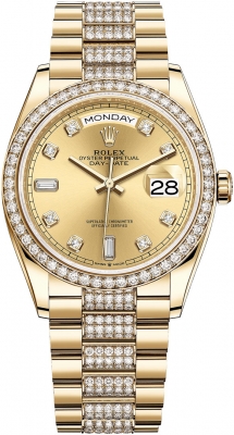 replica Rolex Day-Date 36mm Yellow Gold Midsize Watch 128348RBR Champagne Diamond DB