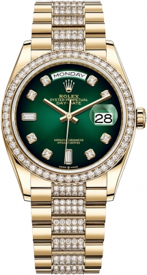 replica Rolex Day-Date 36mm Yellow Gold Midsize Watch 128348RBR Green Graduated Diamond DB