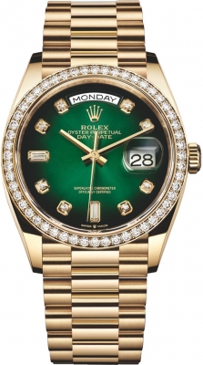 replica Rolex Day-Date 36mm Yellow Gold Midsize Watch 128348RBR Green Graduated Diamond