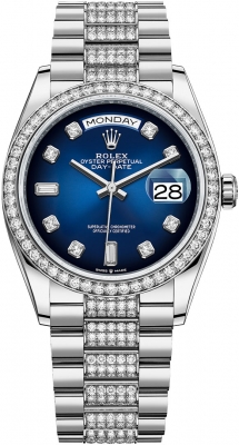 replica Rolex Day-Date 36mm White Gold Midsize Watch 128349RBR Blue Graduated Diamond DB