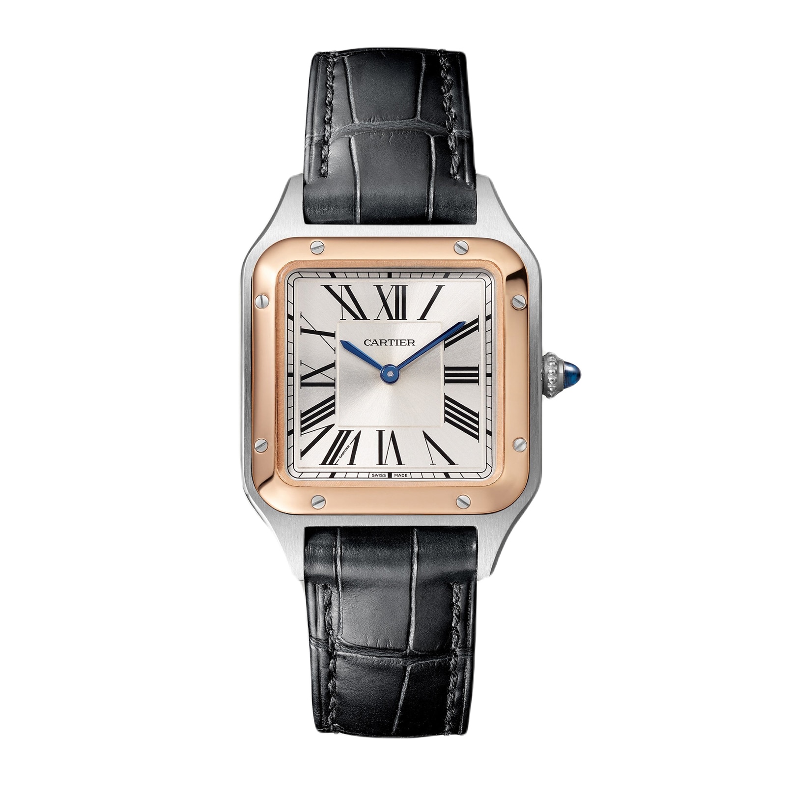 replica Cartier Santos-Dumont Watch Small Model Quartz Movement Pink Gold Steel Leather W2SA0012