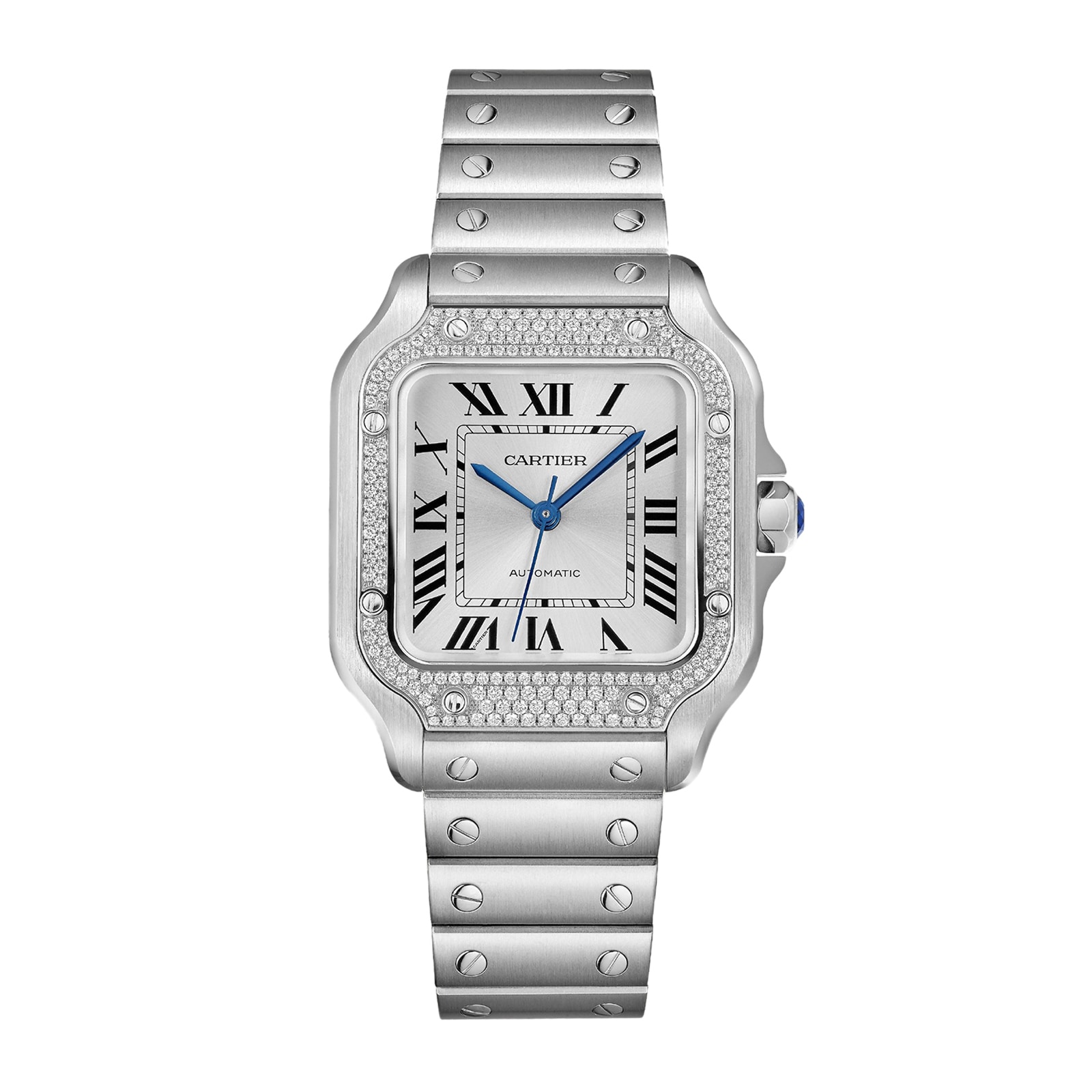 replica Cartier Santos De Cartier Watch Medium Model Automatic Steel Diamonds Interchangeable Metal And Leather Bracelets W4SA0005