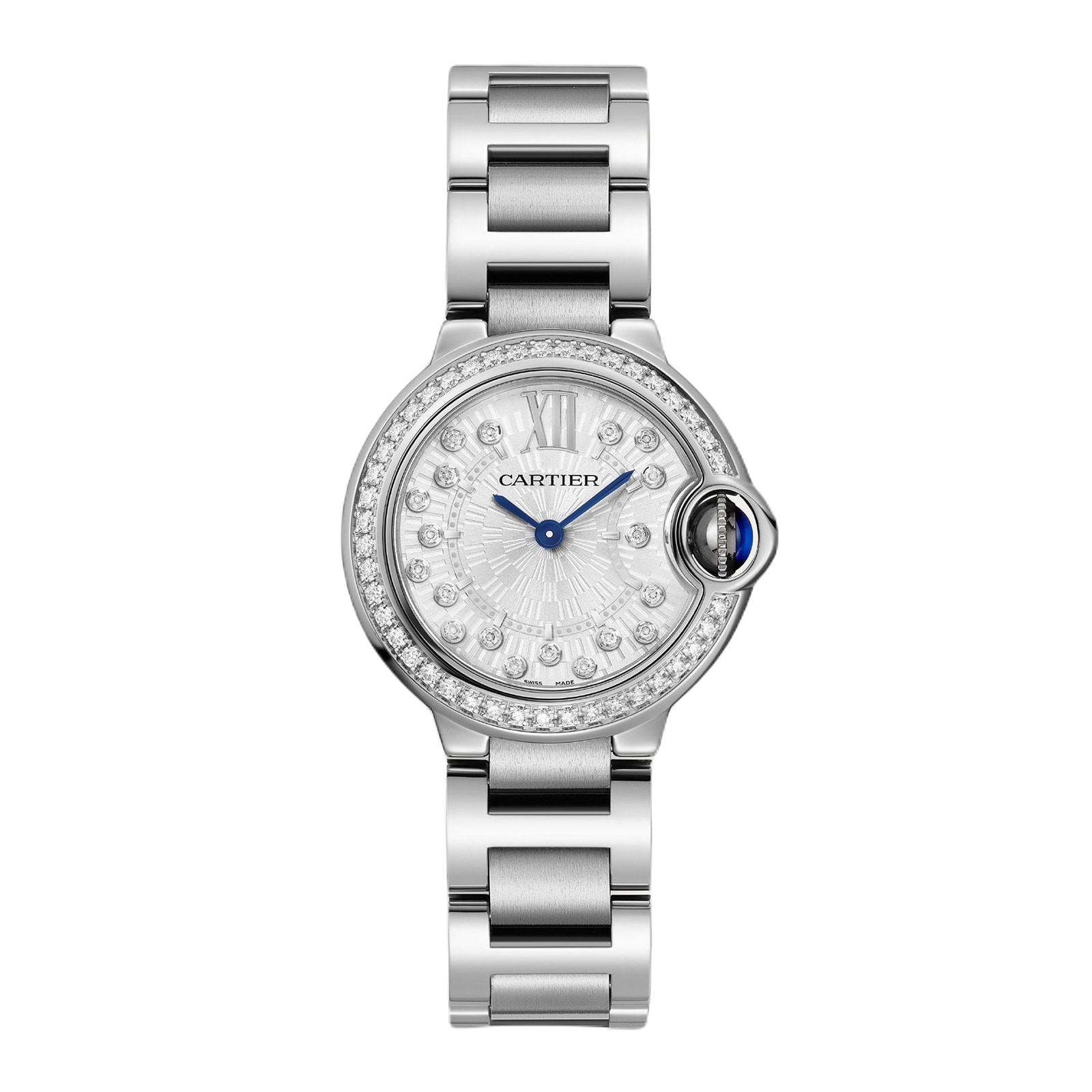 replica Cartier Ballon Bleu de Cartier watch 28 mm quartz movement Steel case fluted steel crown set with a synthetic cabochon-shaped spinel W4BB0034