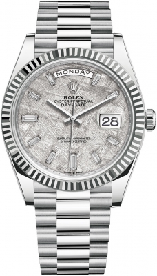 replica Rolex Day-Date 40mm Platinum Mens Watch 228236 Meteorite Baguette