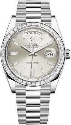 replica Rolex Day-Date 40mm Platinum Mens Watch 228396TBR Silver Baguette