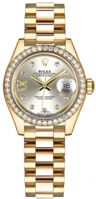 replica Rolex Lady Datejust 28mm Yellow Gold Ladies Watch 279138RBR Silver 17 Diamond President